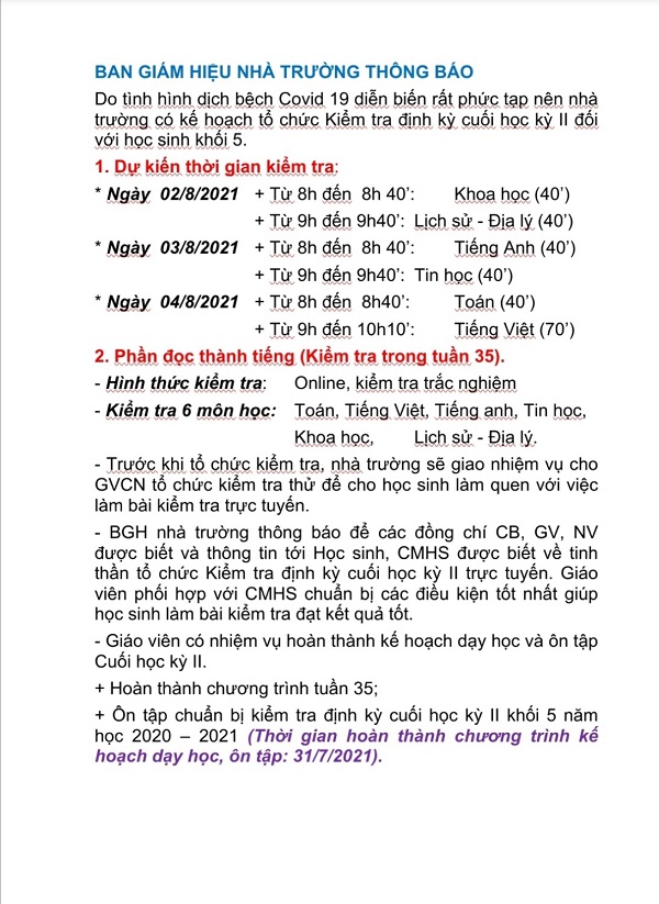 Thông báo về Kế hoạch kiểm tra định kỳ cuối kỳ II đối với học sinh khối 5