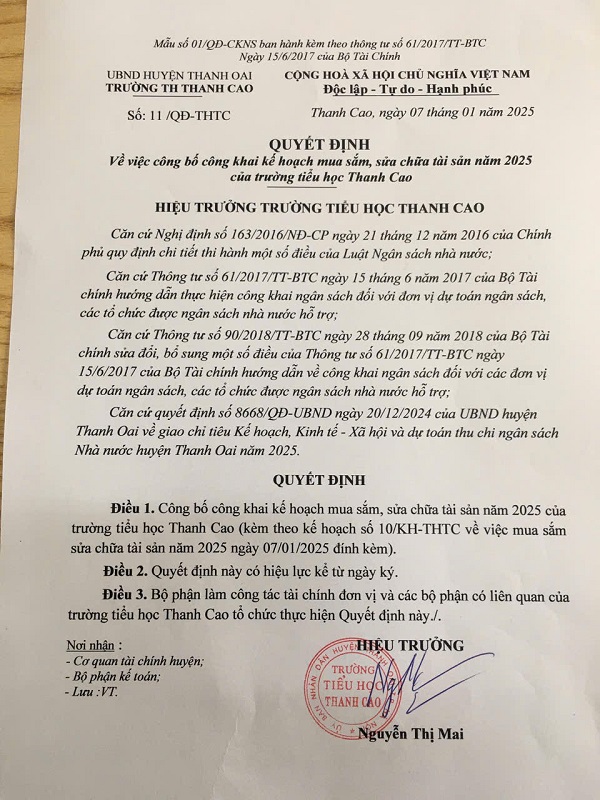 Các quyết định công bố công khai số 11;16;17;18;19/01/2025.
