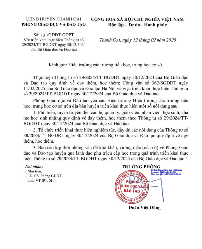 Công văn số: 13/GD ĐT- GDPT V/v triển khai Thông tư số 29/2024/TT-BGDĐT ngày 30/12/2024 của Bộ Giáo dục và Đào tạo