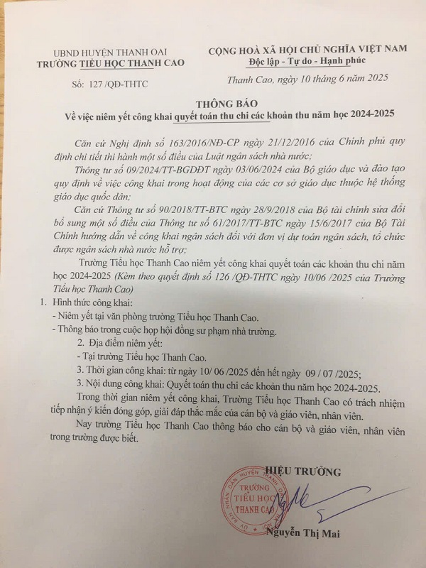 Thông báo: Về việc niêm yết công khai quyết toán thu chi các khoản thu năm học 2024 - 2025