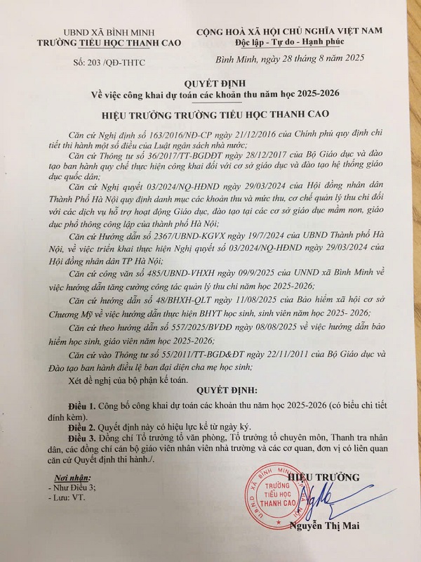 Quyết định về việc công khai dự toán các khoản thu năm học 2025 - 2026