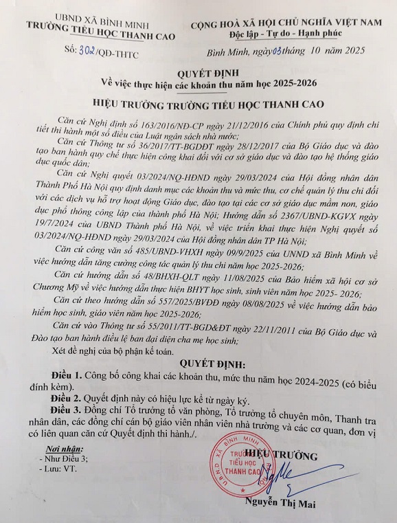 Quyết định: Về việc thực hiện các khoản thu năm học 2025 - 2026