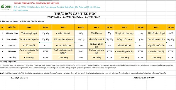 Thực đơn bán trú tuần từ 27/7 đến 31/10/2025