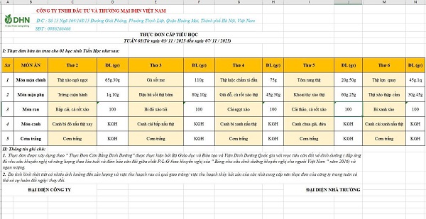 Thực đơn bán trú tuần từ 03/11/2025 đến ngày 07/11/2025