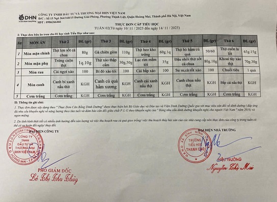 Thực đơn bán trú tuần từ ngày 10/11/2025 đến ngày 14/11/2025