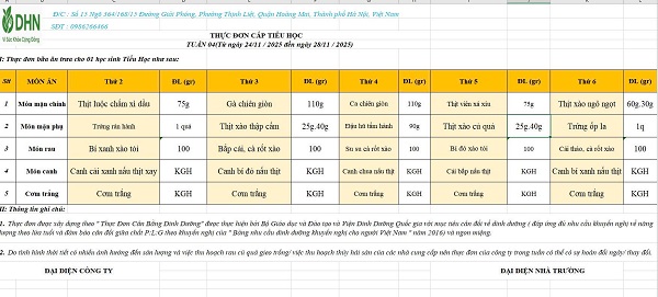 Thực đơn bán trú tuần từ ngày 24/11/2025 đến ngày 28/11/2025