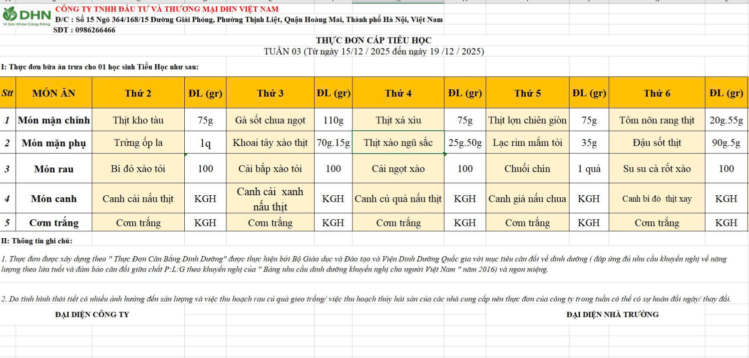 Thực đơn bán trú tuần từ 15/12/2025 đến ngày 19/12/2025