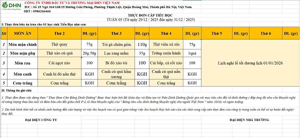 Thực đơn tuần từ 29/12/2025 đến ngày 31/12/2025
