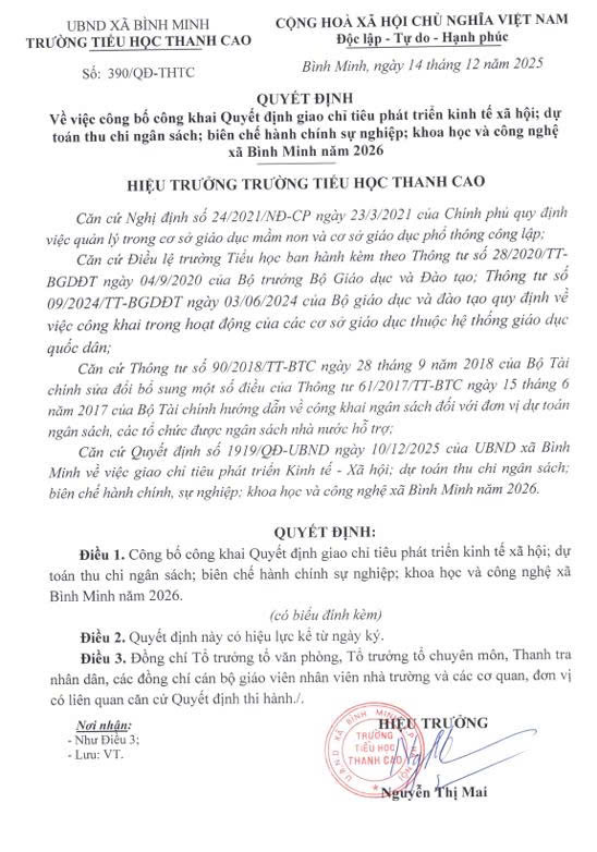 Quyết định V/v công bố Công khai Quyết định giao chỉ tiêu phát triển kinh tế XH; dự toán thu chi nhân sách; biên chế HCSN; KH&CN xã bình Minh năm 2026