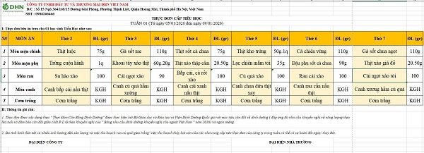 Thực đơn bán trú tuần từ 05/01/2026 đến ngày 10/01/2026