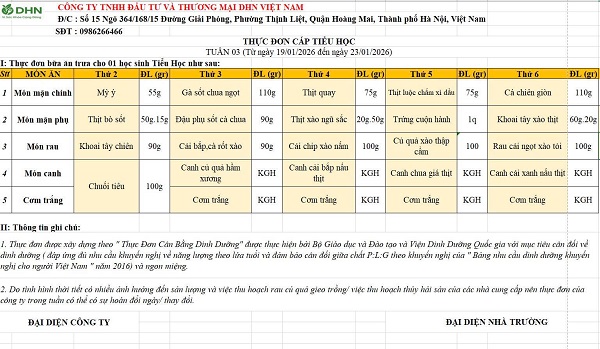 Thực đơn tuần từ 19/01 đến ngày 23/01/2026