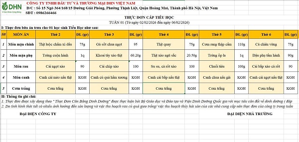 Thực đơn bán trú tuần từ 02/02/2026 đến ngày 06/02/2026
