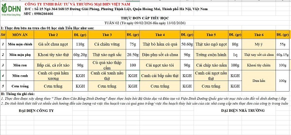 Thực đơn bán trú tuần từ 09/02/2026 đến 13/02/2026
