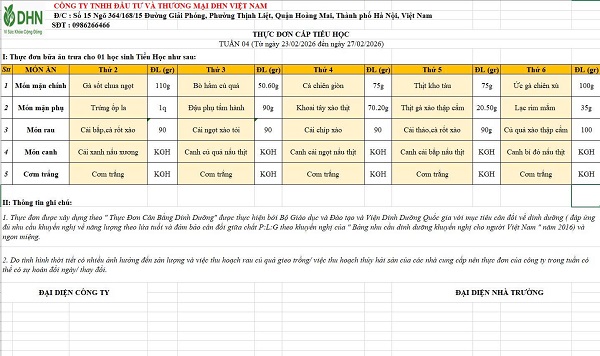 Thực đơn tuần từ ngày 23/02/2026 đến ngày 27/02/2026