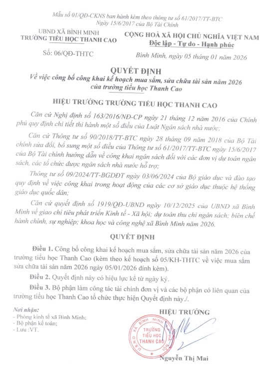 Quyết định V/v công bố công khai KH mua sắm, sữa chữa tài sản, công khai Quy chế thực hiện chế độ tiền thưởng, quy chế quản lý và sử dụng tài sản công, quy chế nâng bậc lương thường xuyện, trước thời hạn năm 2026