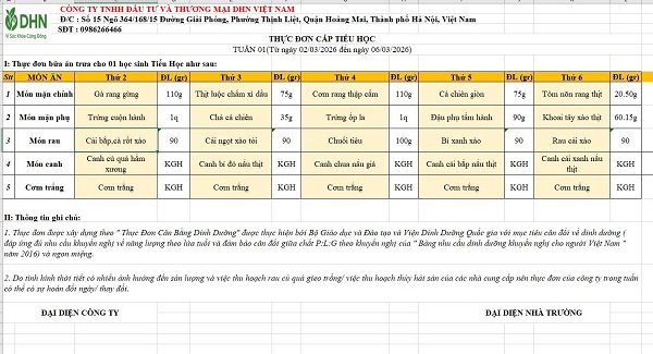 Thực đơn tuần từ ngày 02/03/2026 đến ngày 06/03/2026