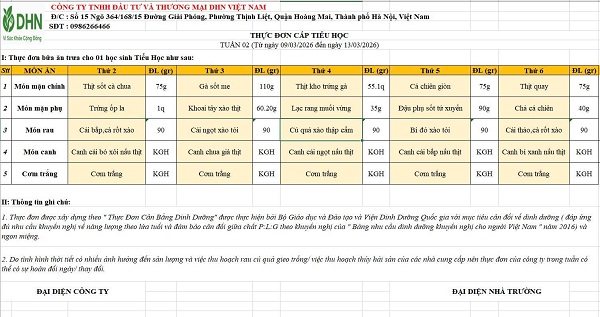 Thực đơn bán trú tuần 09/3/2026 đến ngày 13/3/2026