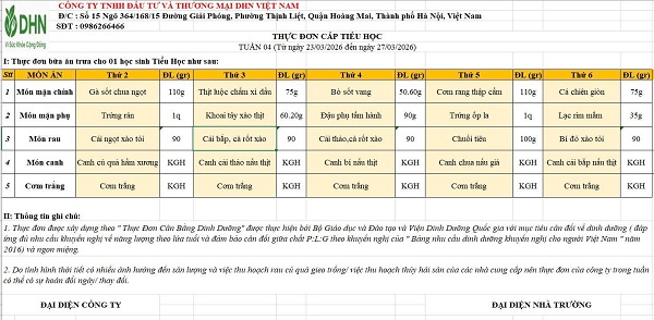 Thực đơn tuần từ 23/3/2026 đến 27/3/2026