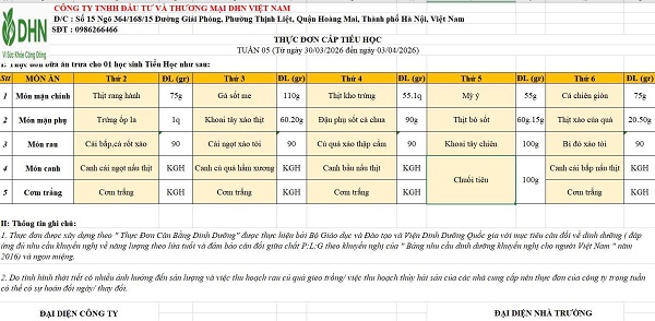 Thực đơn tuần từ 30/3/2026 đến ngày 03/4/2026