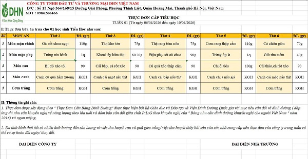 Thực đơn tuần từ 06/4/2026 đến ngày 10/4/2026