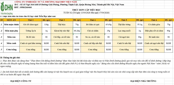 Thực đơn tuần từ ngày 13/4/2026 đến ngày 17/04/2026