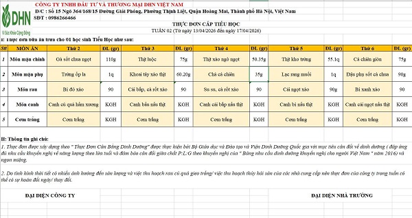 Thực đơn tuần từ ngày 13/4/2026 đến ngày 17/04/2026