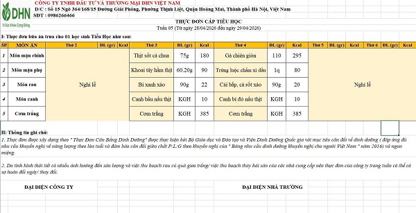 Thực đơn bán trú tuần từ ngày 28/4/2026 đến ngày 29/4/2026