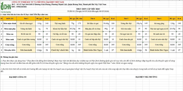 Thực đơn bán trú tuần từ 04/5/2026 đến 08/5/2026