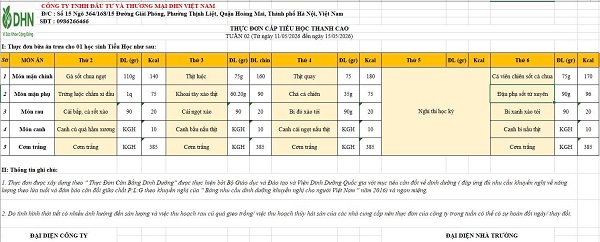 Thực đơn bán trú tuần từ ngày 11/5/2026 đến ngày 15/5/2026
