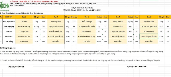 Thực đơn bán trú tuần từ ngày 18/5/2026 đến ngày 22/5/2026