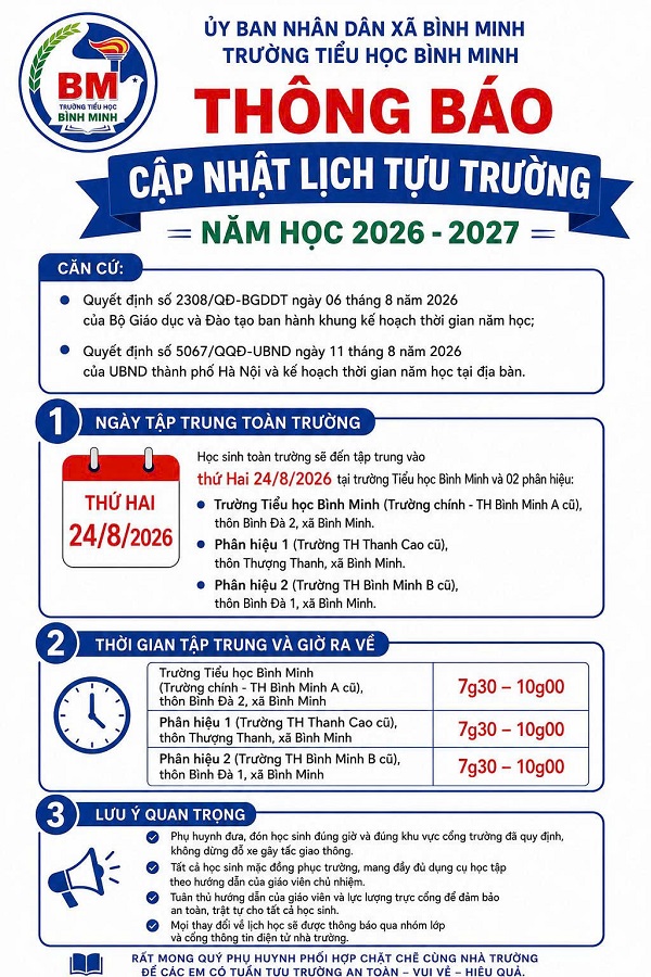 Thông báo lịch tựu trường năm học 2026 - 2027